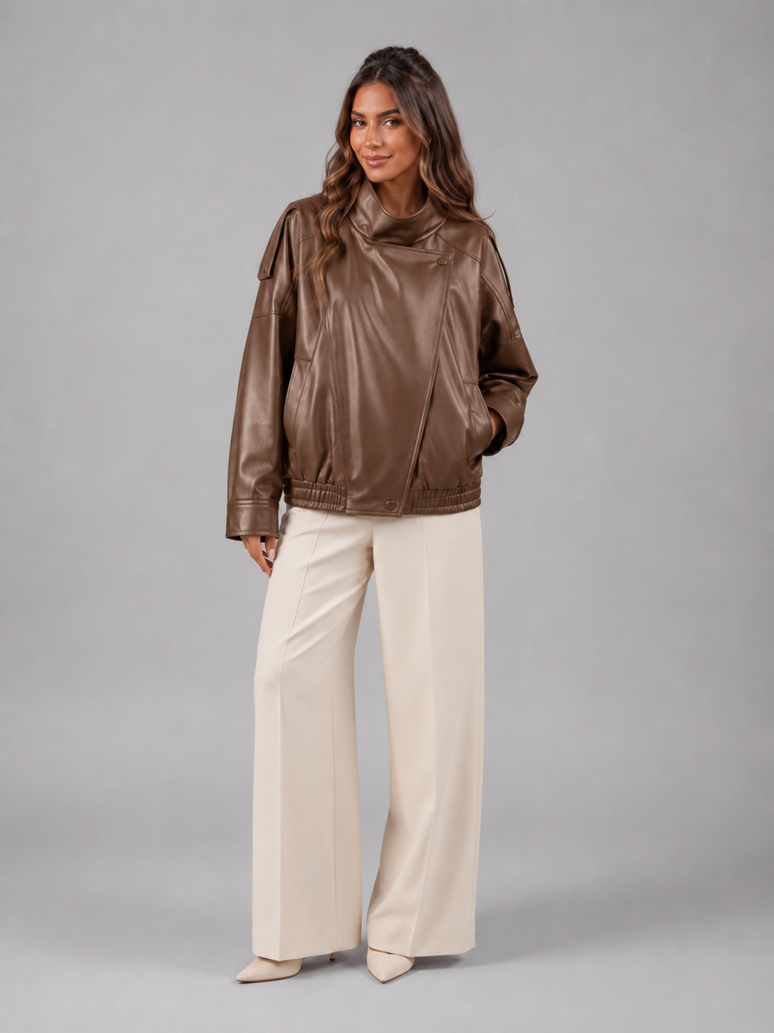Faux leather bomber jacket – fabric texture close-up – Nude & Nero