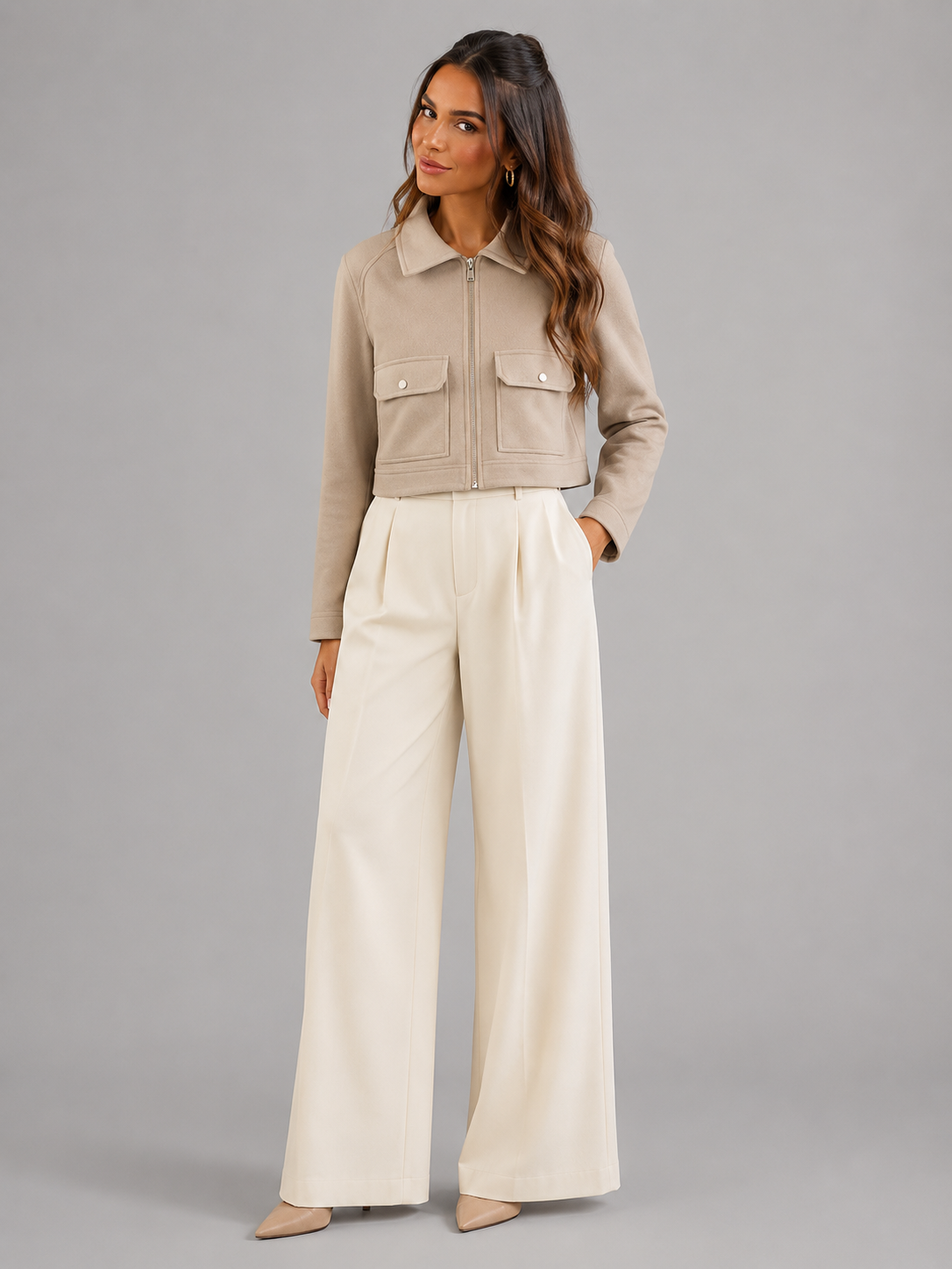 Cropped faux leather utility jacket – front view – Nude & Nero