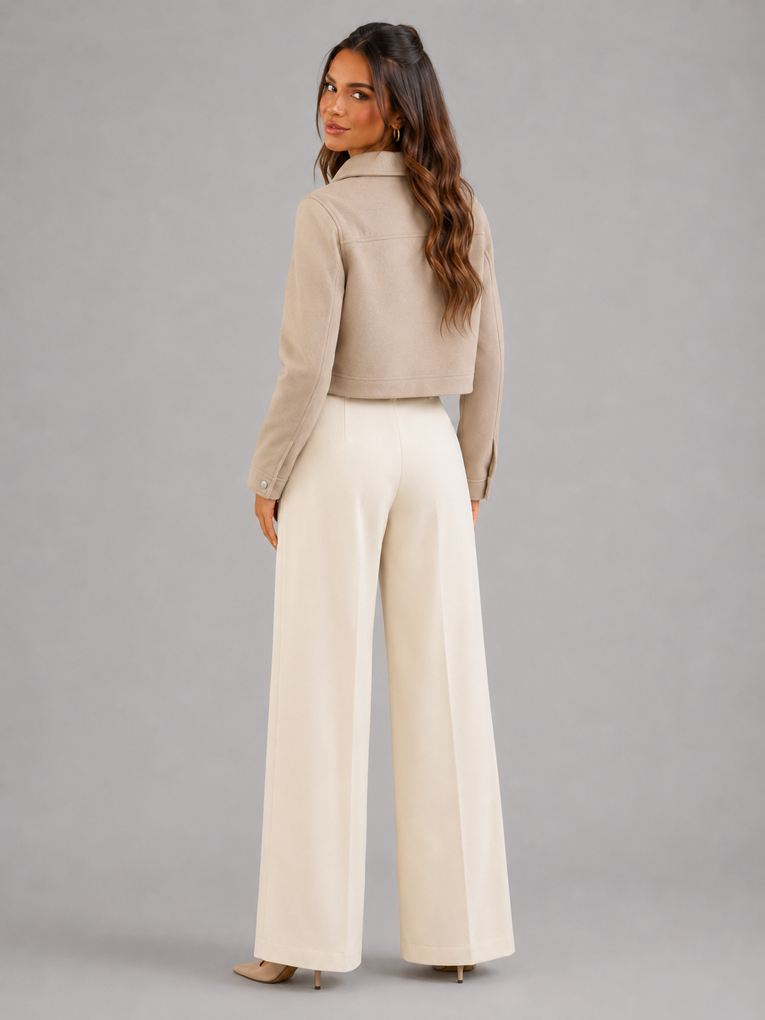 Cropped faux leather utility jacket – back view – Nude & Nero