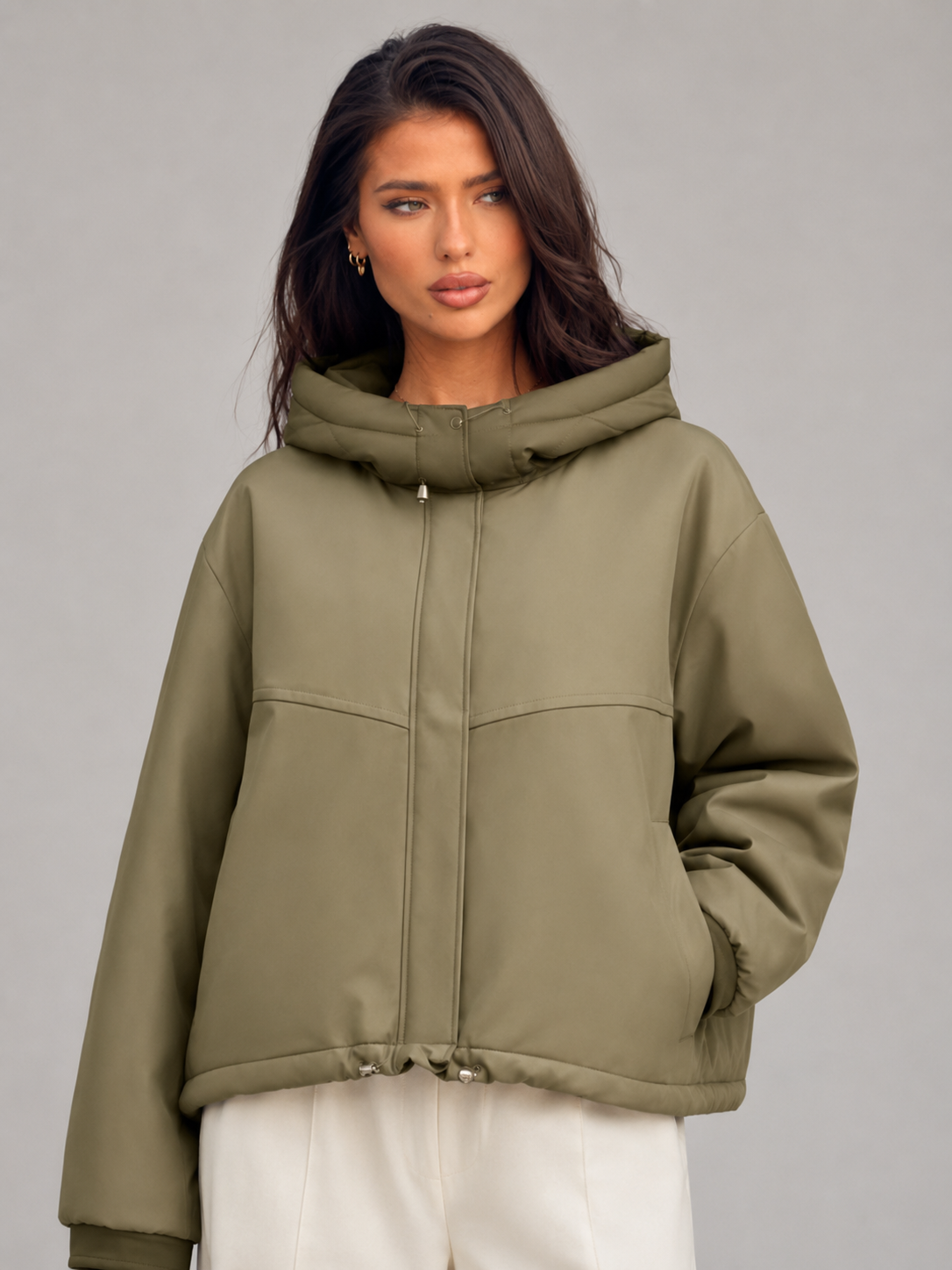 Green Hooded Padded Jacket for Women