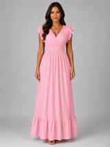 Vestido largo con mangas acampanadas plisadas para invitada de boda