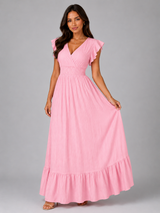 Vestido largo con mangas acampanadas plisadas para invitada de boda