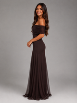 Vestido largo de hombros descubiertos de gasa para mujer de noche