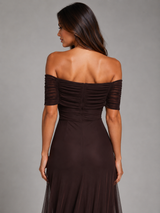 Vestido largo de hombros descubiertos de gasa para mujer de noche