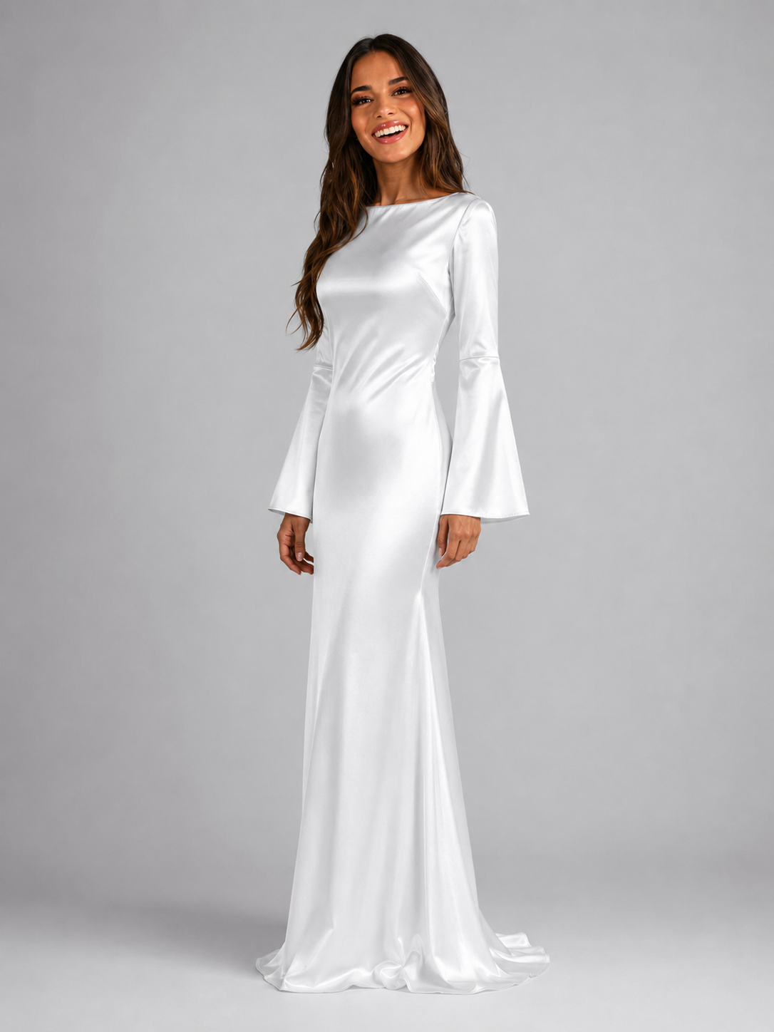 Vestido largo de manga larga con sensación de satén para invitada de boda