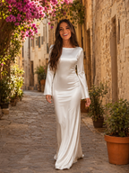 Vestido largo de manga larga con sensación de satén para invitada de boda