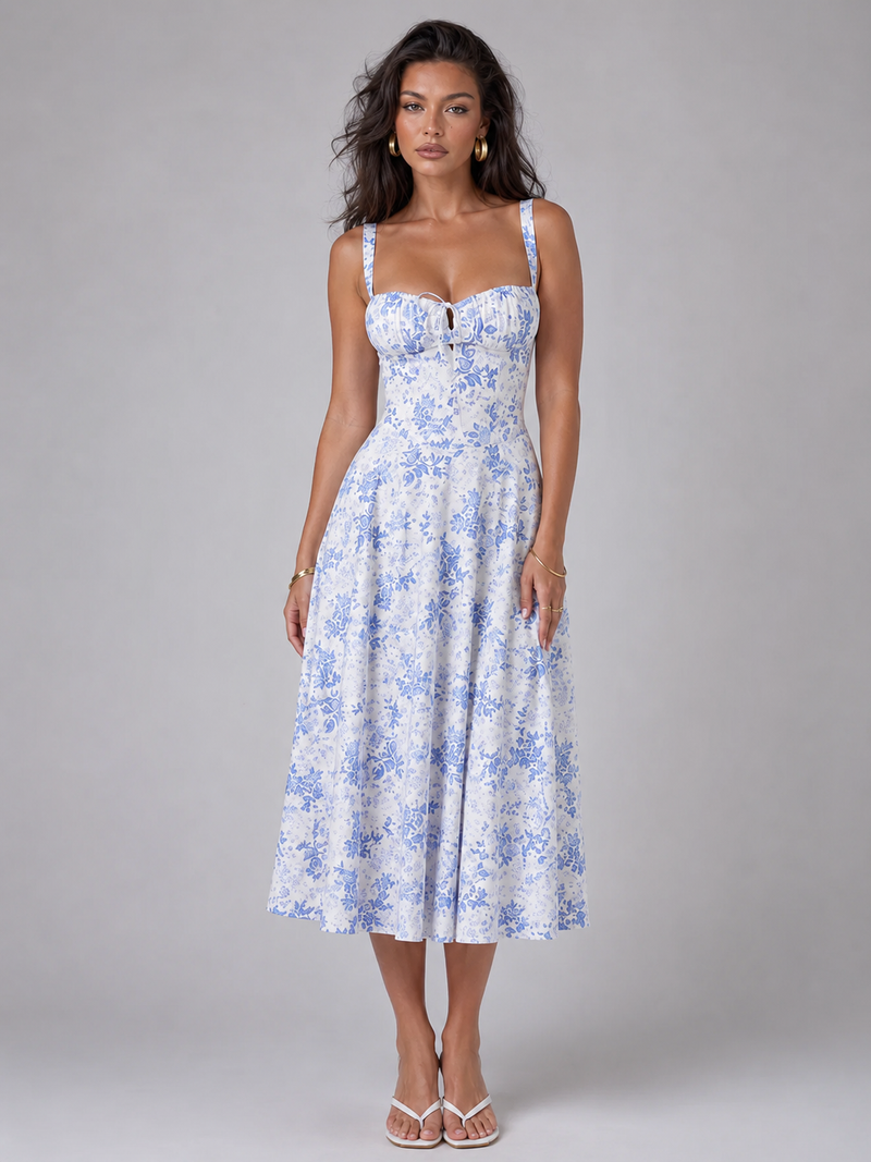 midi corset dress wedding guest Floral Sweetheart Corset Midi Dress – Wedding Guest