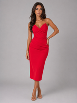 Vestido midi sin tirantes con fruncidos para cóctel de mujer