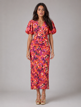Robe midi à manches bouffantes et col en V pour femme en été