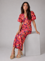 Robe midi à manches bouffantes et col en V pour femme en été