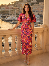 Robe midi à manches bouffantes et col en V pour femme en été