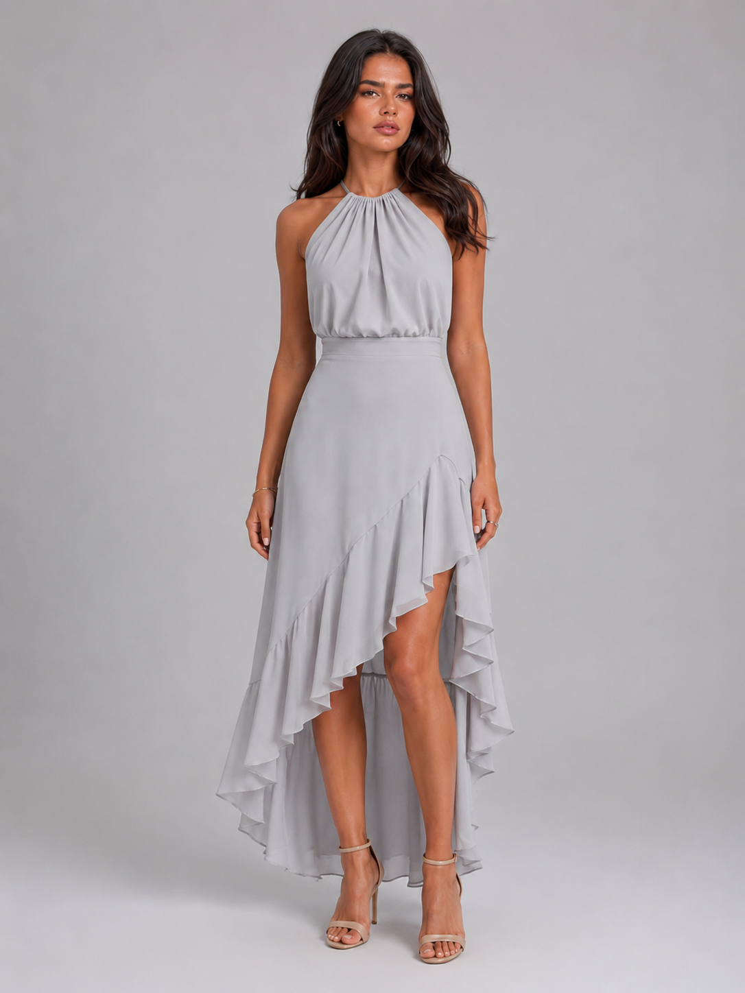 Robe midi à volants col halter pour invité de mariage