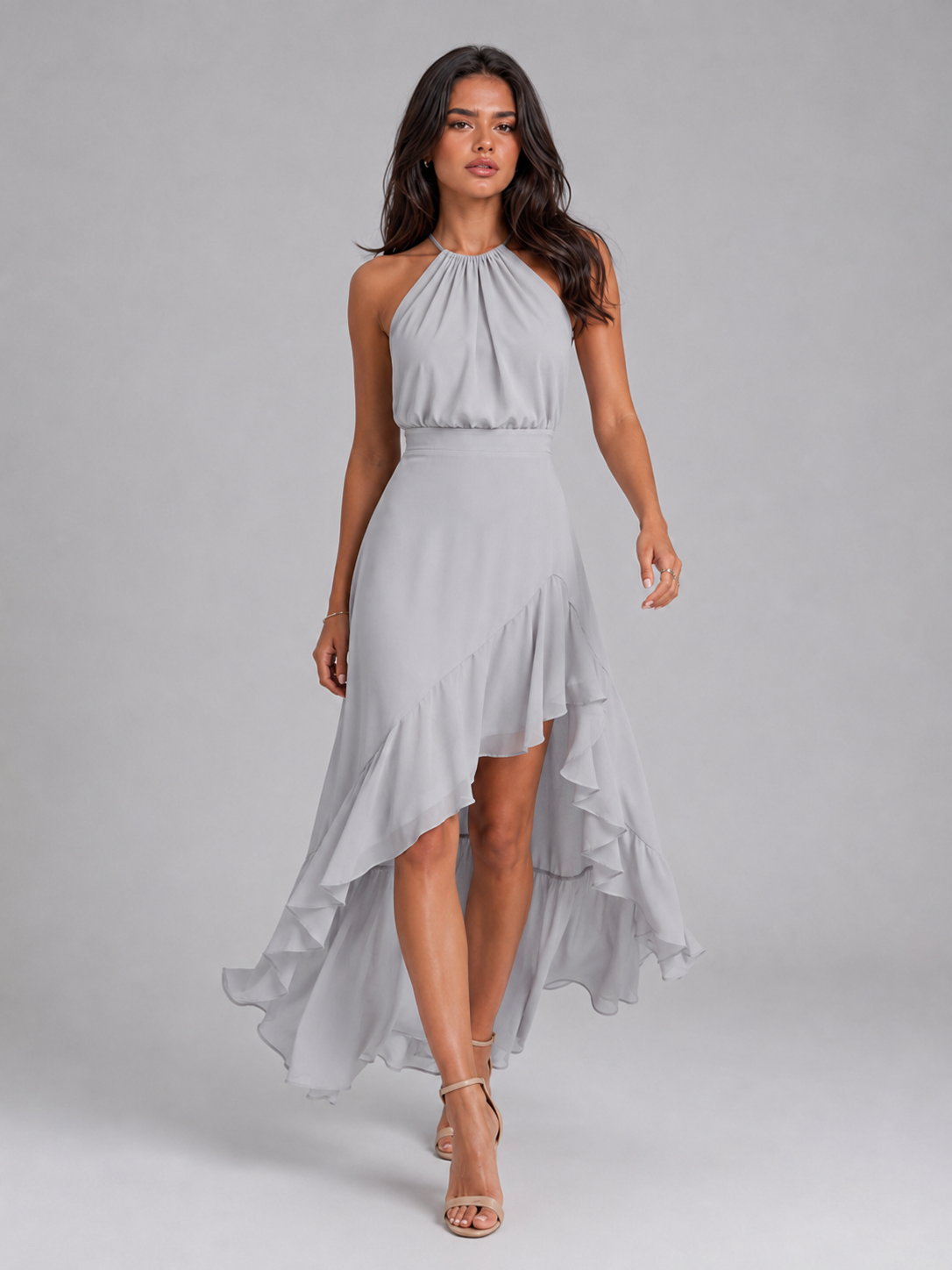 Robe midi à volants col halter pour invité de mariage