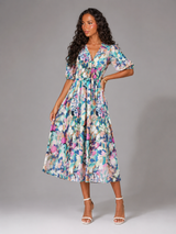 Robe midi sans manches à col en V florale pour invité de mariage