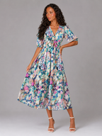 Vestido midi floral sin mangas con escote en V para invitada de boda