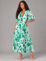 Robe midi sans manches à col en V florale pour invité de mariage