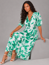 Robe midi sans manches à col en V florale pour invité de mariage