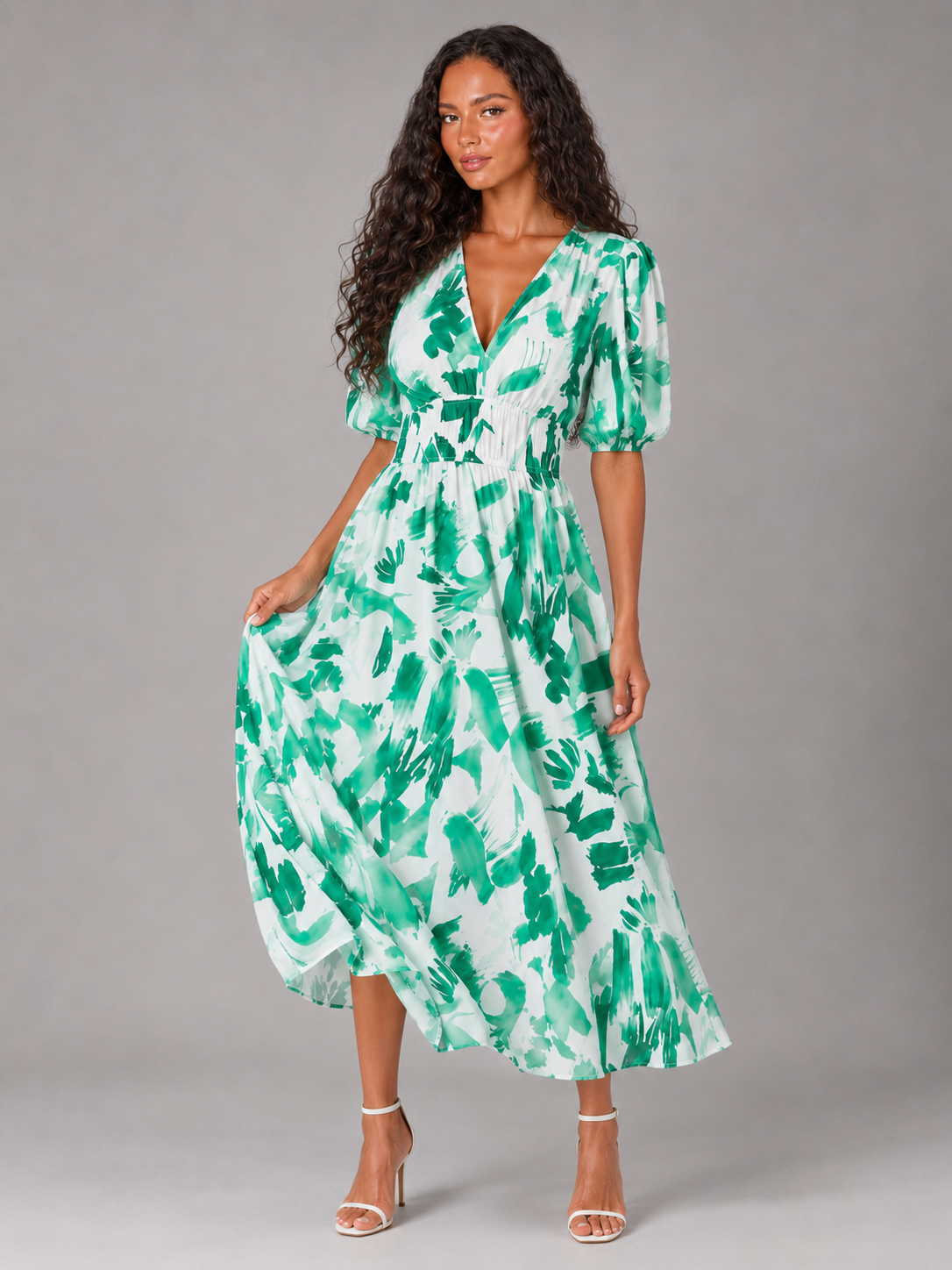 Vestido midi floral sin mangas con escote en V para invitada de boda