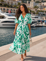 Robe midi sans manches à col en V florale pour invité de mariage