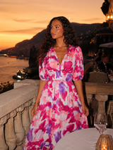 Robe midi sans manches à col en V florale pour invité de mariage