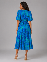 Robe midi sans manches à col en V florale pour invité de mariage