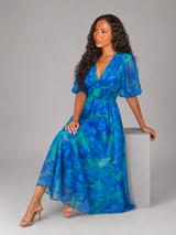 Robe midi sans manches à col en V florale pour invité de mariage