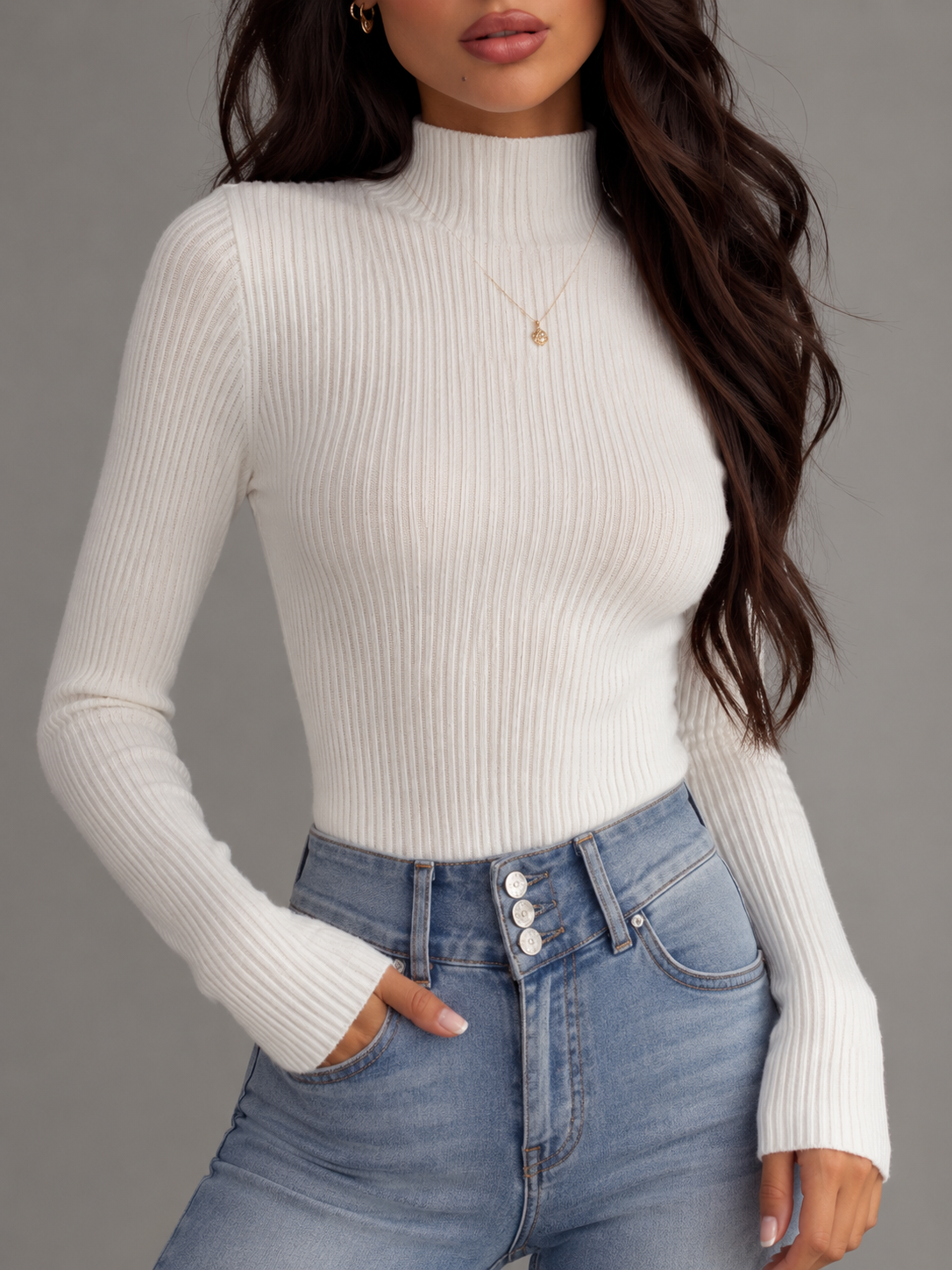 Ribbed mock neck knit top – Nude & Nero