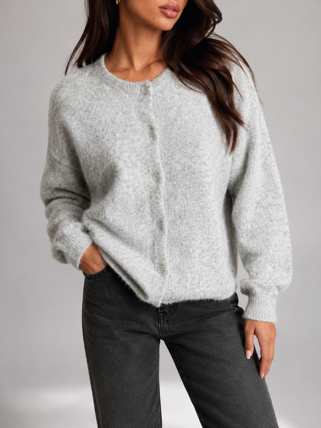 Fuzzy knit button cardigan – Nude & Nero