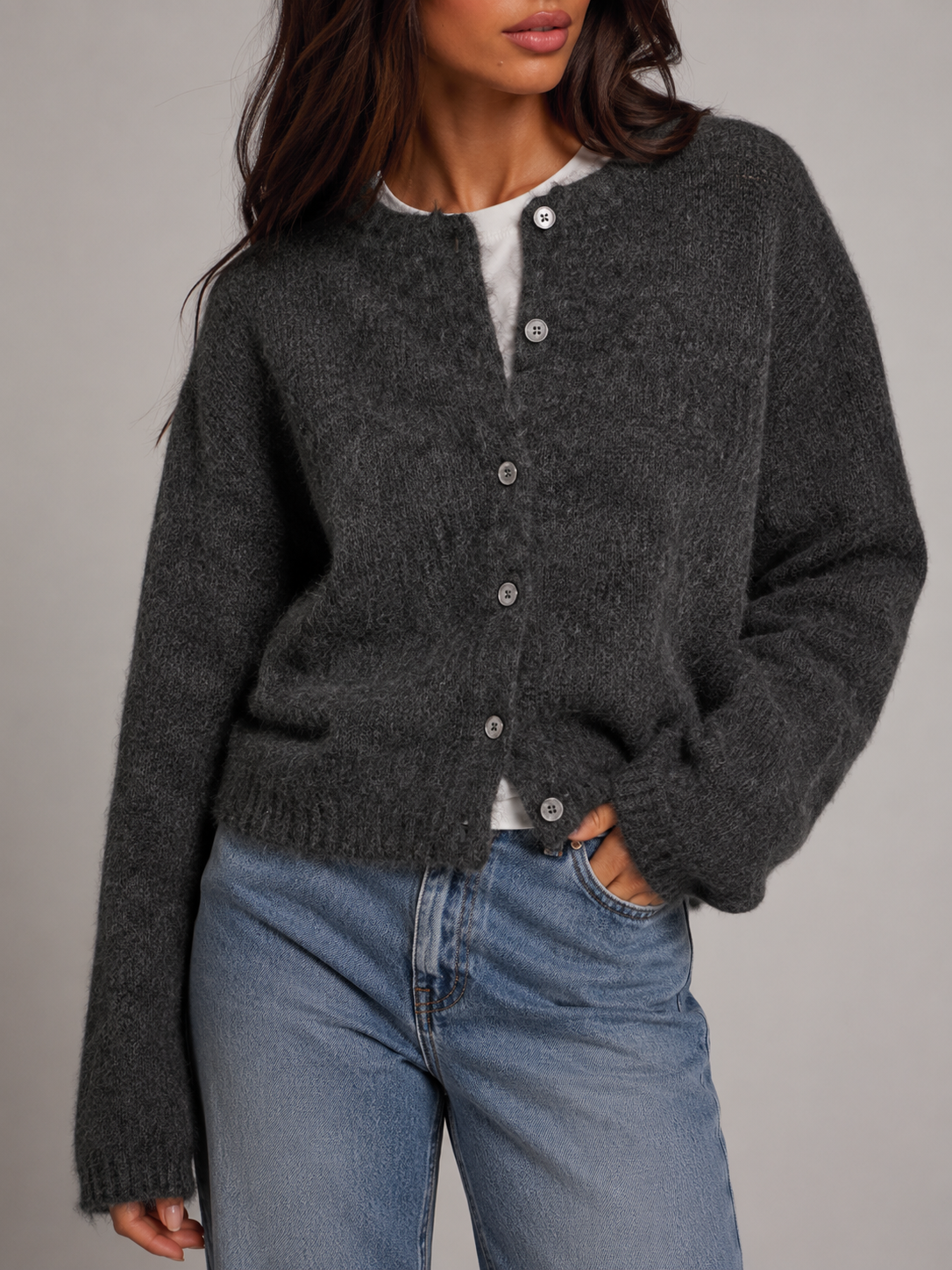 Fuzzy knit button cardigan – Nude & Nero