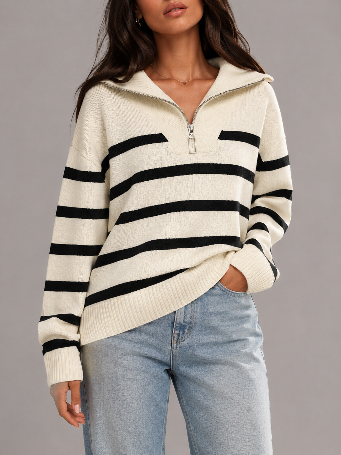 Striped half-zip knit sweater – Nude & Nero