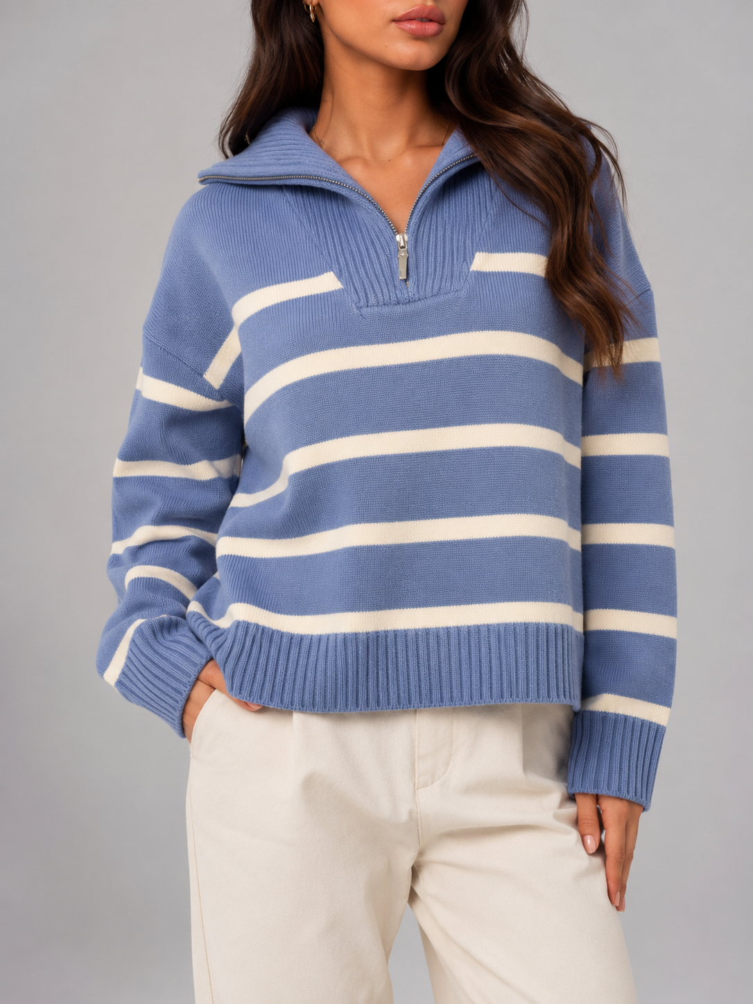 Striped half-zip knit sweater – Nude & Nero