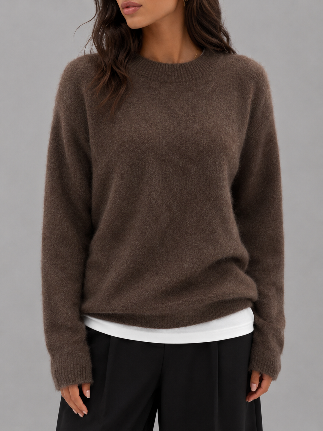 Fuzzy knit crew neck sweater – Nude & Nero