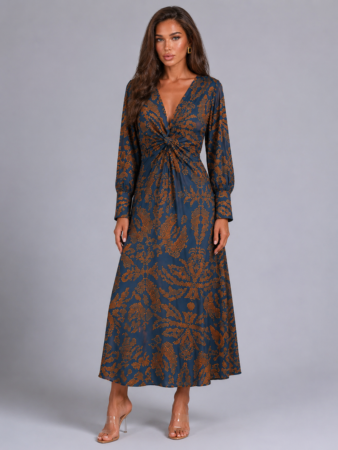 Robe midi imprimée à col en V pour invité de mariage