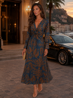 Robe midi imprimée à col en V pour invité de mariage