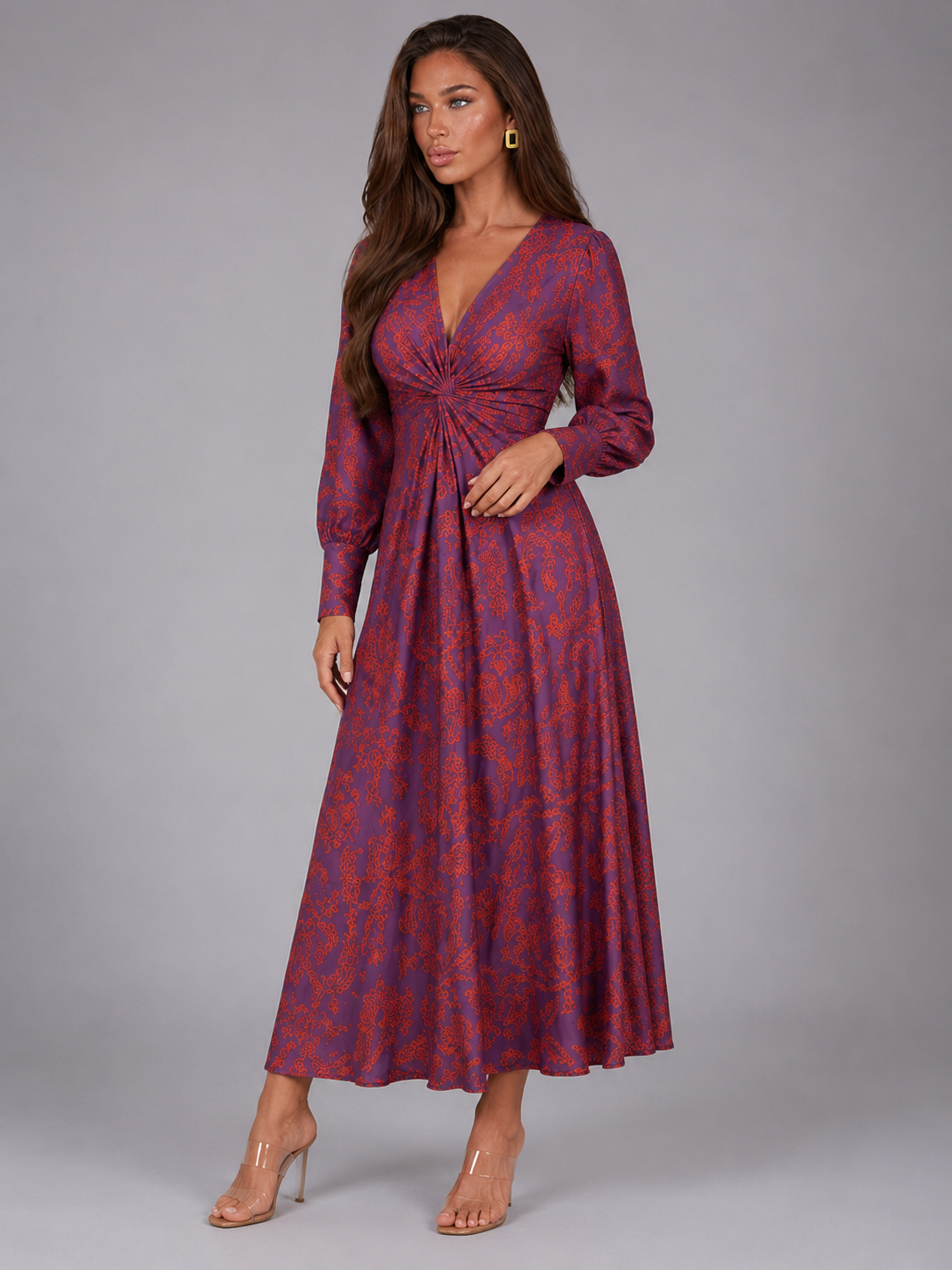 Robe midi imprimée à col en V pour invité de mariage