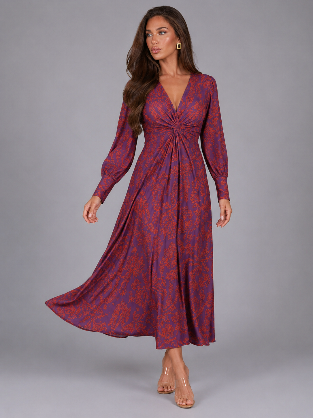 Robe midi imprimée à col en V pour invité de mariage