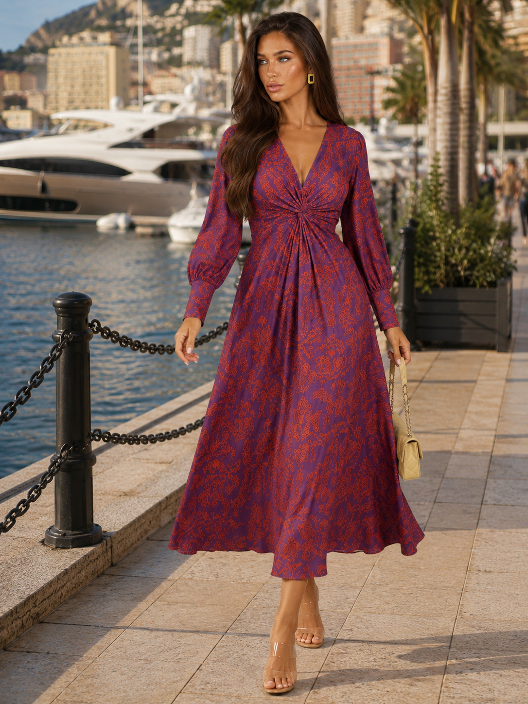 Robe midi imprimée à col en V pour invité de mariage