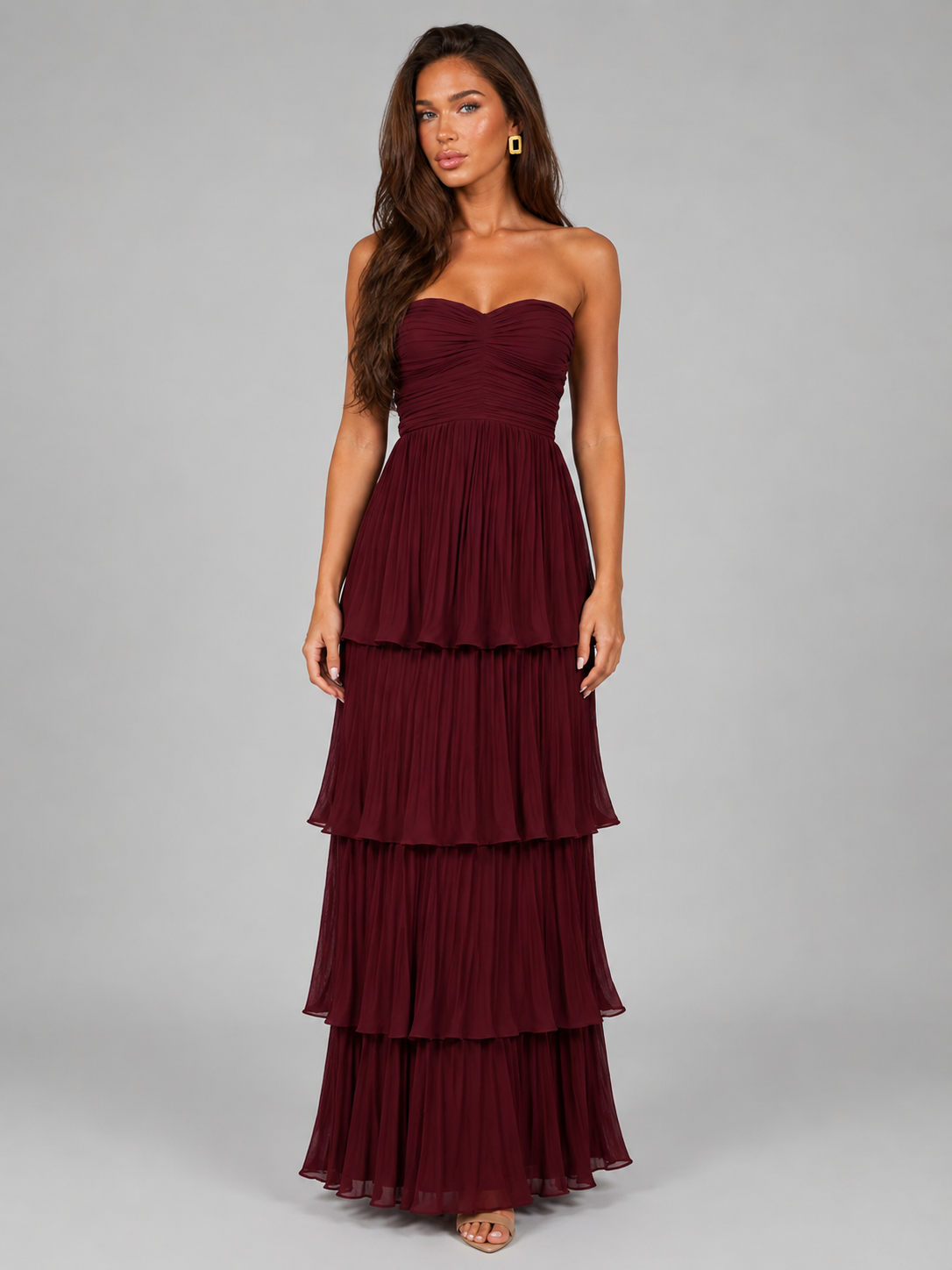 Vestido maxi sin tirantes con volantes para mujer de noche