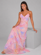 Vestido maxi de gasa floral con volantes para invitada de boda