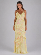 Vestido maxi de gasa floral con volantes para invitada de boda