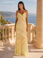 Vestido maxi de gasa floral con volantes para invitada de boda