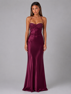 Robe maxi effet satin perlée pour soirée femme