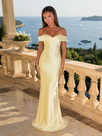 Satin Feel Off Shoulder Maxi Dress Wedding Guest