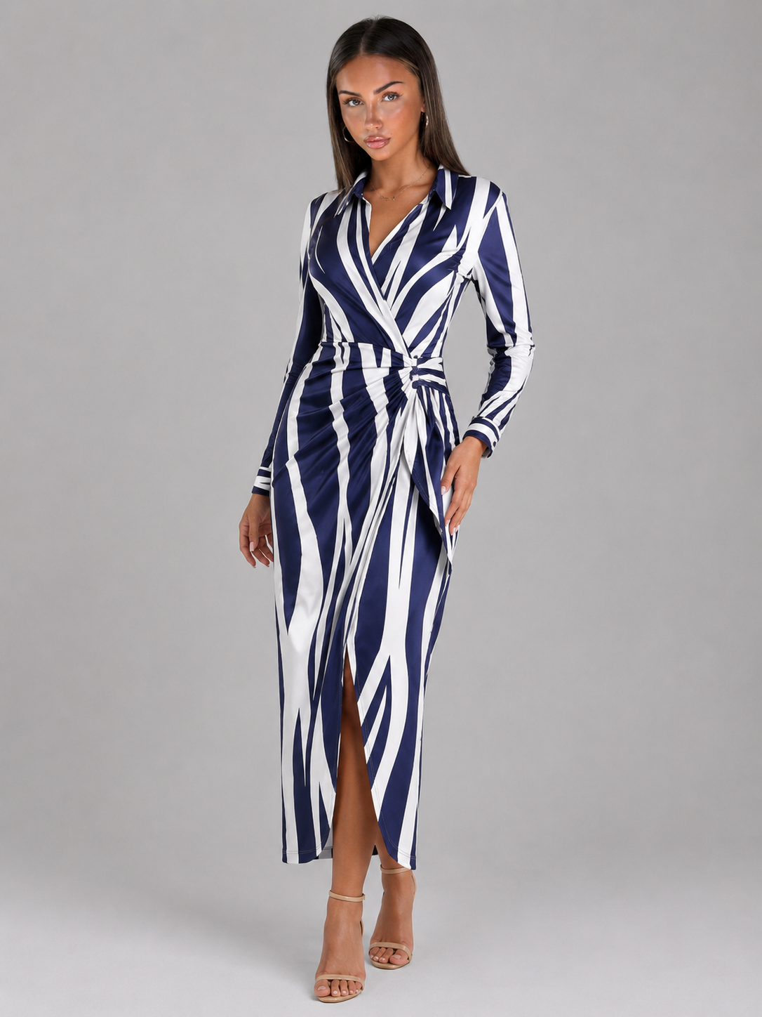 Robe chemise midi rayée à nœud torsadé pour femme en été
