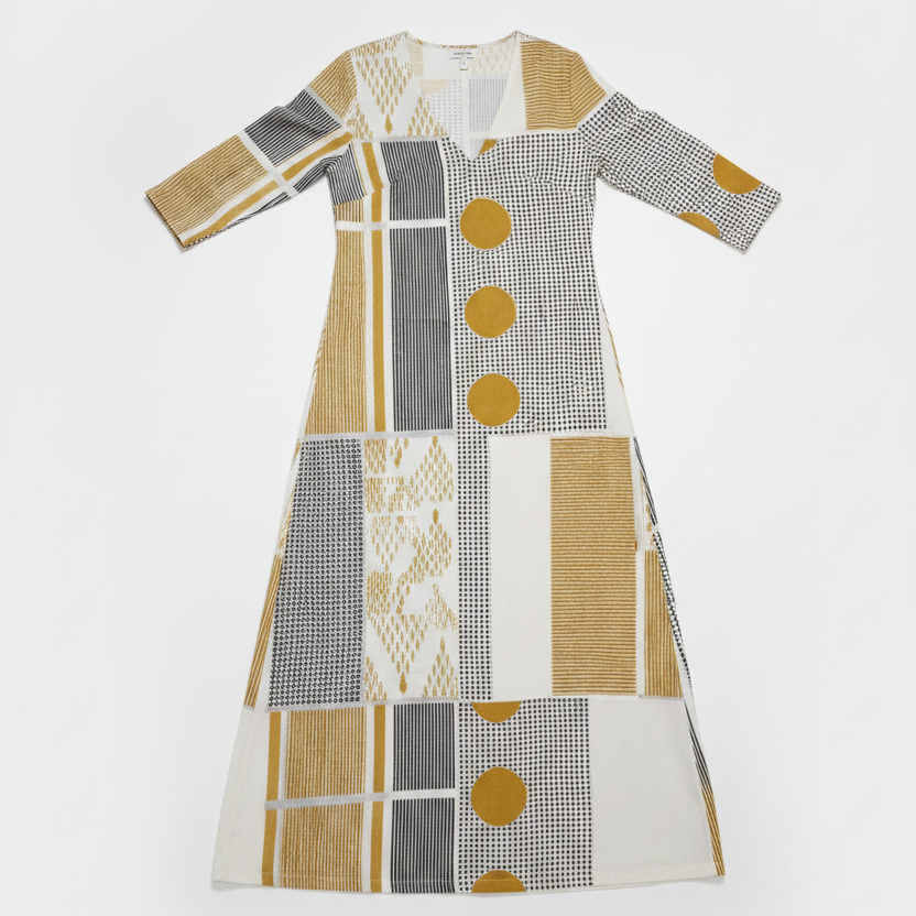 Women's Gold Geometric Cotton Midi Dress