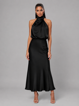 Robe midi à col montant effet satin pour invité de mariage