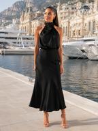 Robe midi à col montant effet satin pour invité de mariage