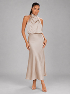 Robe midi à col montant effet satin pour invité de mariage
