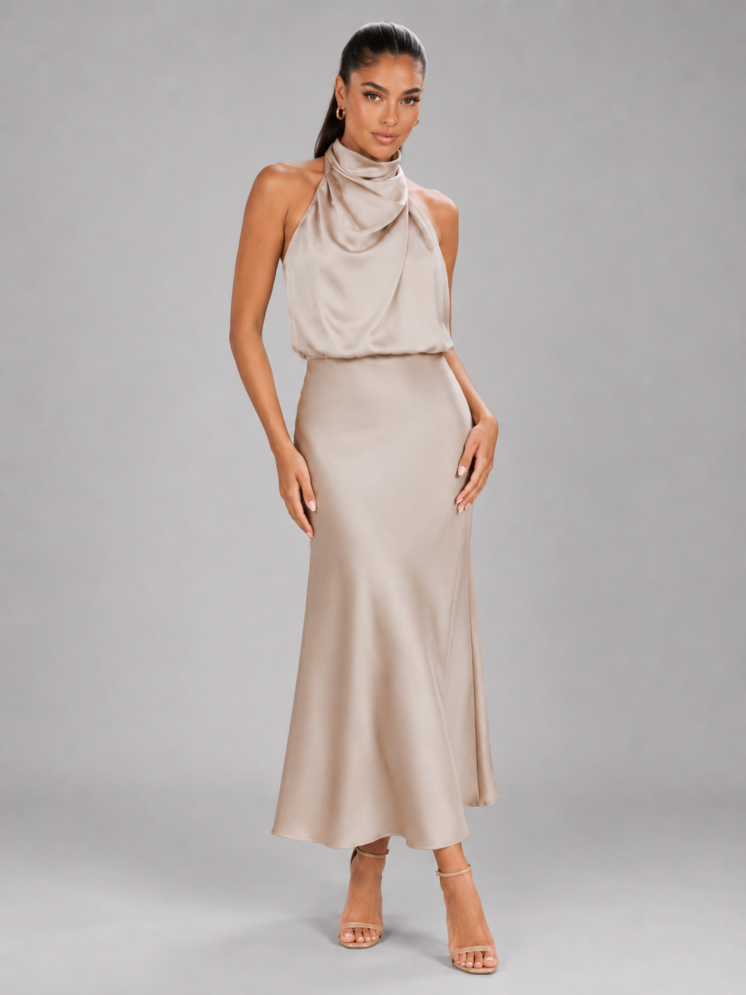 Robe midi à col montant effet satin pour invité de mariage