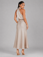Robe midi à col montant effet satin pour invité de mariage